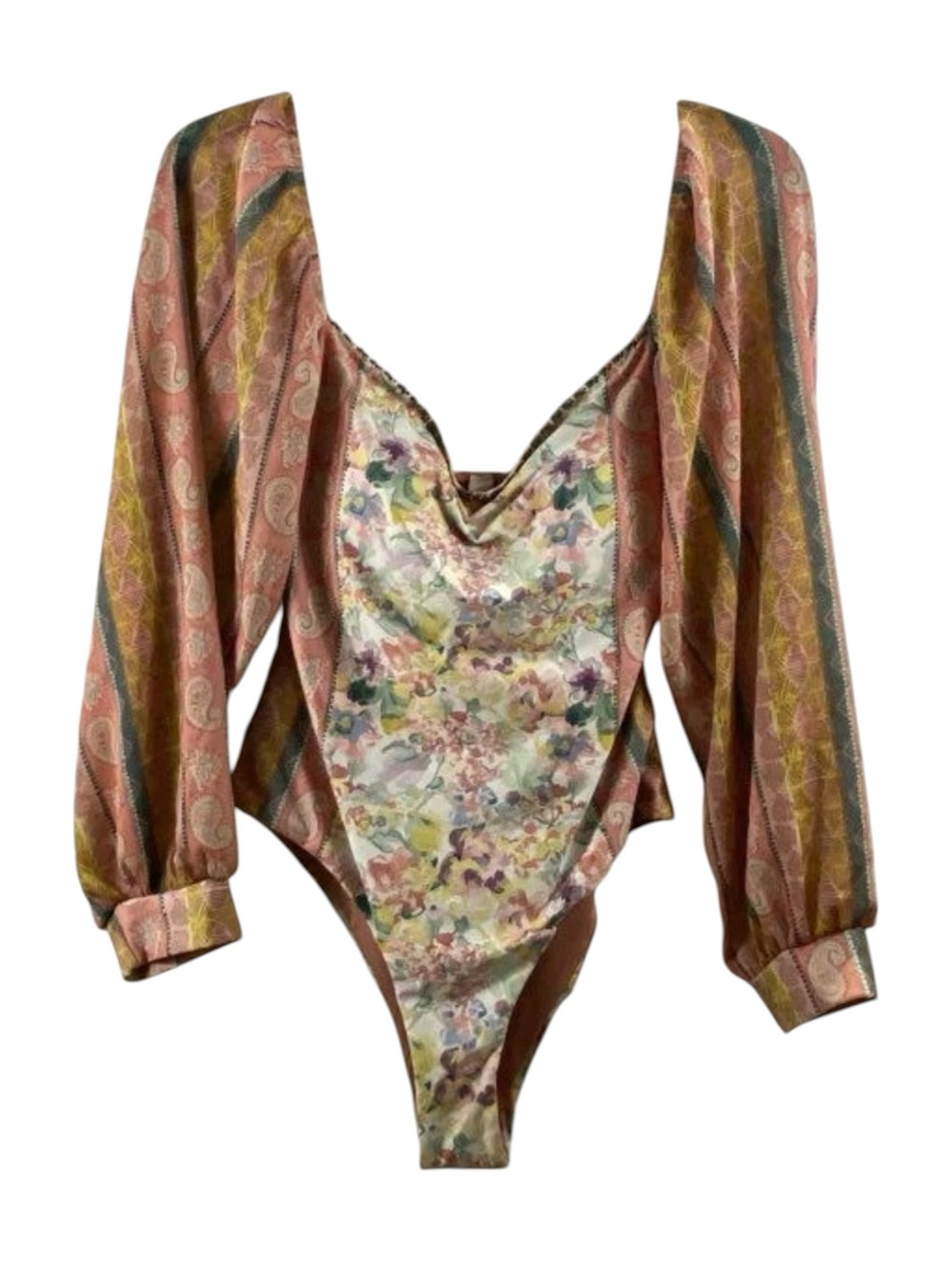 Floral Printed Long Sleeve One-Piece Swimsuit in Multi-Pastel